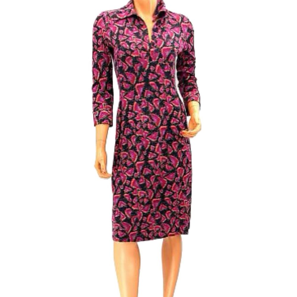 Diane Von Furstenberg Pink and Black Patterned Collared Midi Dress